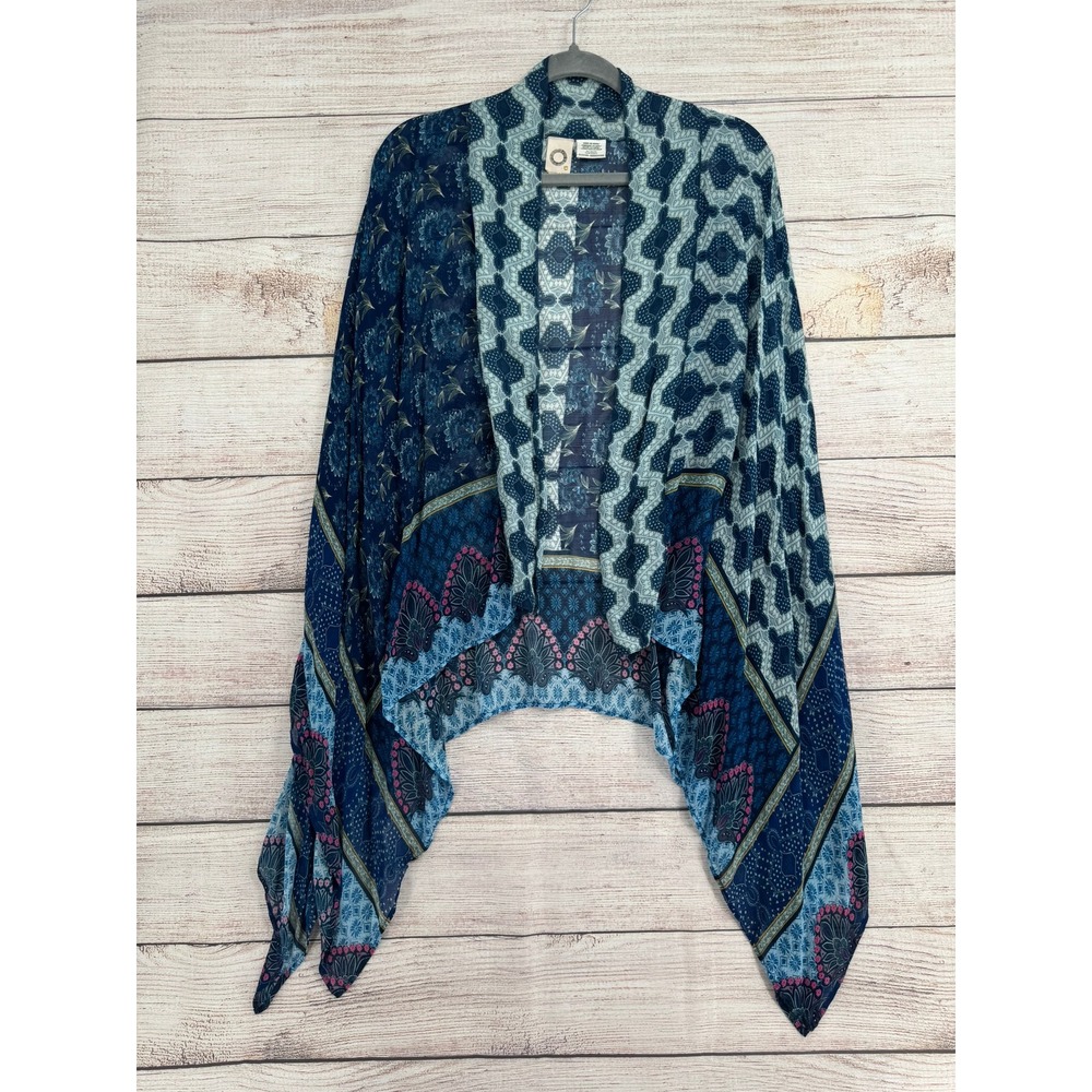 Akemi + Kin Kimono Wrap Women OS Blue Mixed Print Boho Rayon Open Front Layering